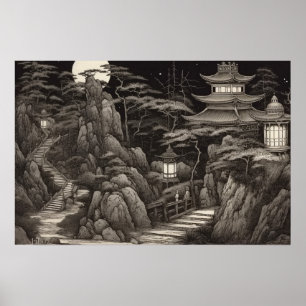 Winding path ancient Chinese temple mountains Poster