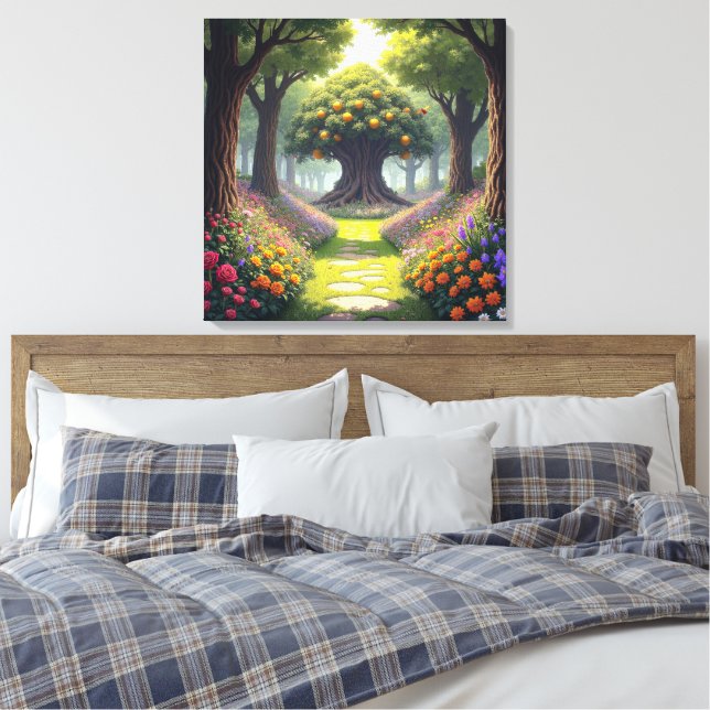 Winding Path through Flower Meadow to Orange Tree Canvas Print (Insitu(Bedroom))