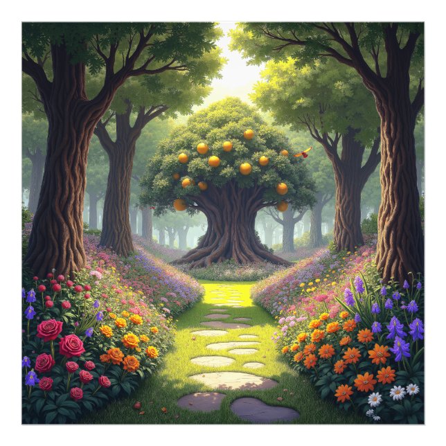 Winding Path through Flower Meadow to Orange Tree Photo Print (Front)