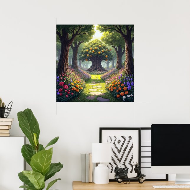 Winding Path through Flower Meadow to Orange Tree Poster (Home Office)