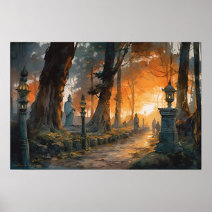 Winding path through woods at twilight poster