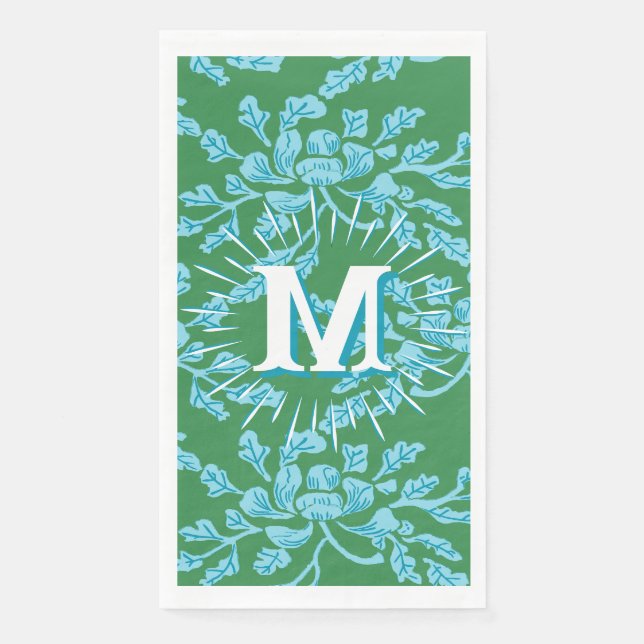 Winding Peony Woodcut in Green + Aqua Personalised Napkin (Front)