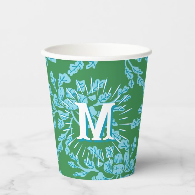Winding Peony Woodcut in Green + Aqua Personalised Paper Cups (Front)