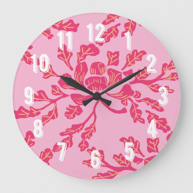 Winding Peony Woodcut in Pink and Orange Large Clock (Front)