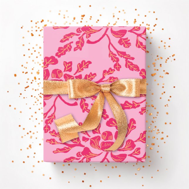 Winding Peony Woodcut in Pink and Orange Wrapping Paper (Creator Uploaded)