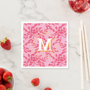Winding Peony Woodcut Pink + Orange Personalised Napkin