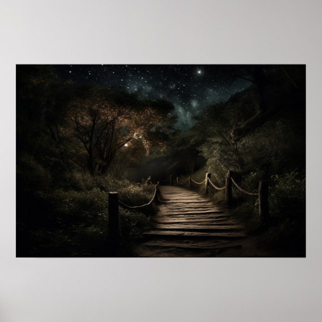 Winding timber path through valley forest at night poster (Front)
