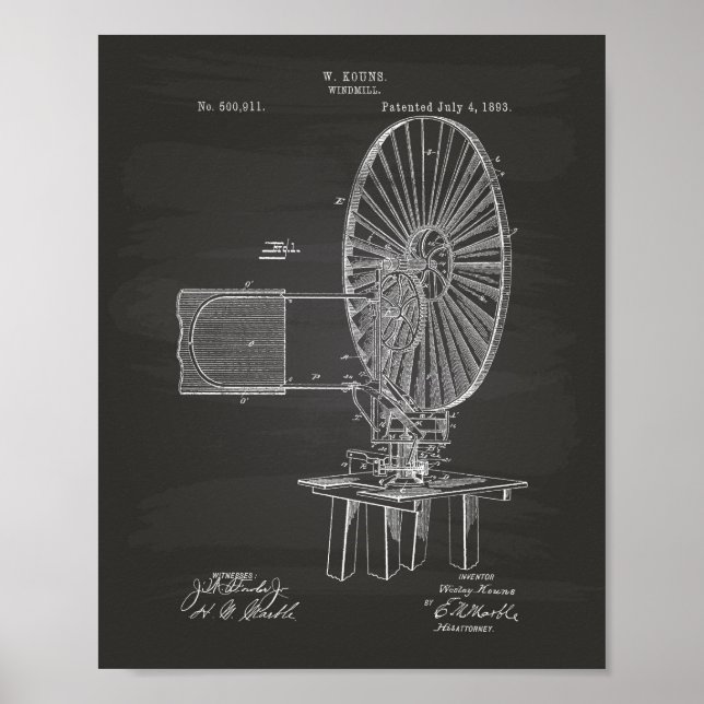 Windmill 1893 Patent Art Chalkboard Poster (Front)