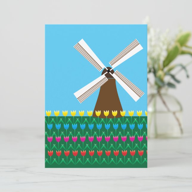 Windmill Amongst Tulip Flowers Invitation (Standing Front)