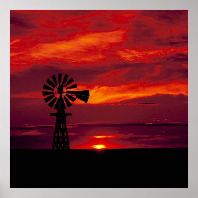 Windmill And Sunset Poster (Front)