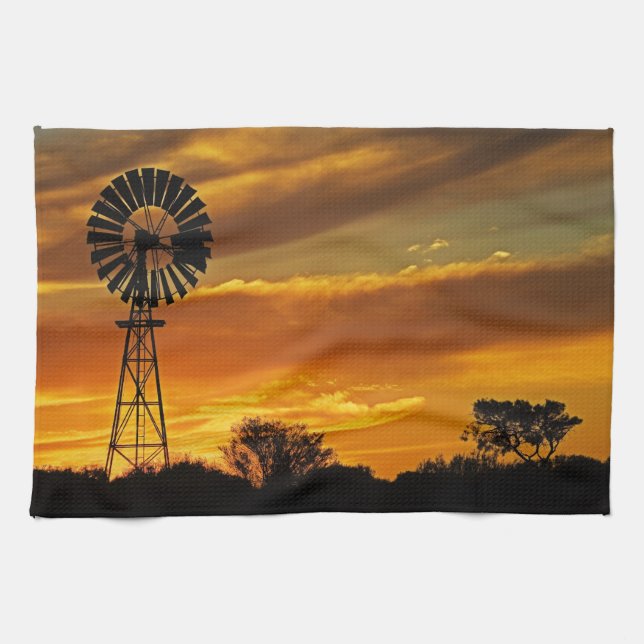 Windmill and Sunset, William Creek, Oodnadatta Tea Towel (Horizontal)