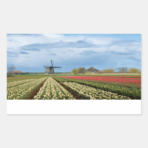 Windmill and tulips landscape rectangular sticker