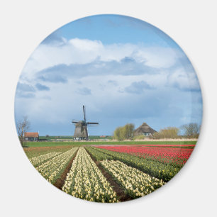 Windmill and tulips landscape round magnet