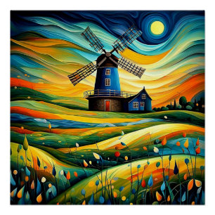 Windmill at night 8 poster