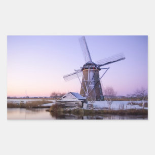 Windmill at sunrise in winter rectangle sticker