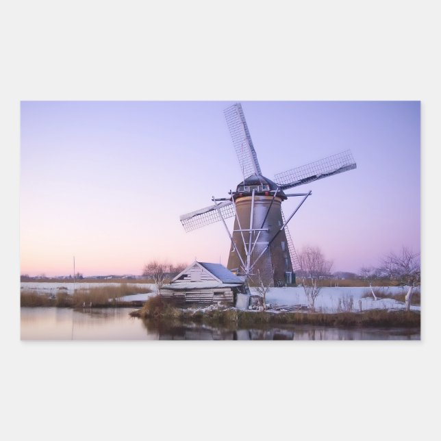 Windmill at sunrise in winter rectangle sticker (Front)