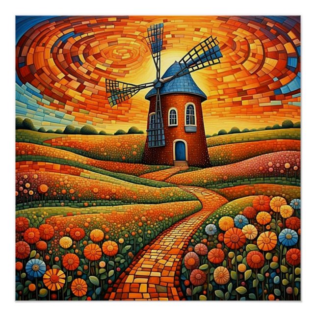 Windmill at sunset 1 poster (Front)