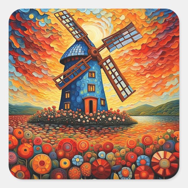 Windmill at sunset 3 square sticker (Front)
