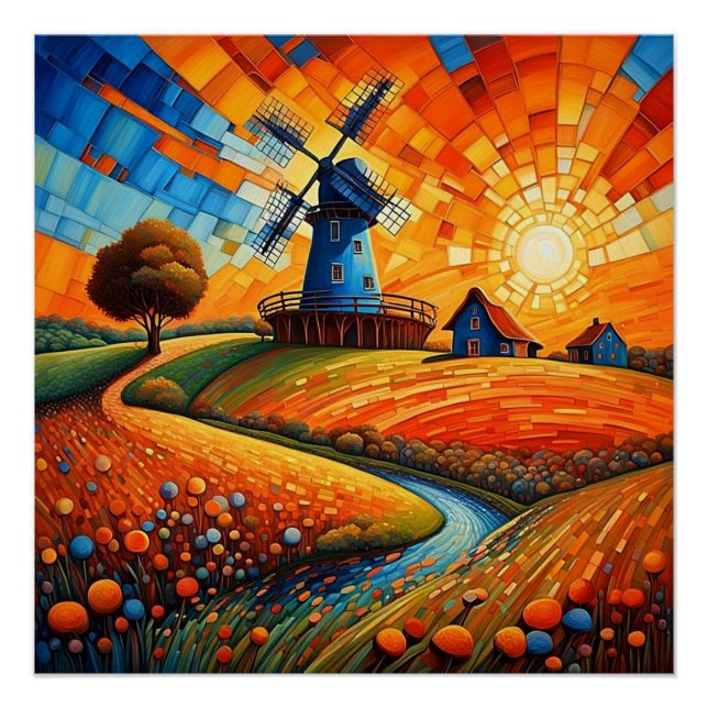 Windmill at sunset 5 poster (Front)