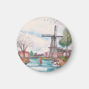 Windmill De Adriaan Haarlem Netherlands Watercolor Magnet