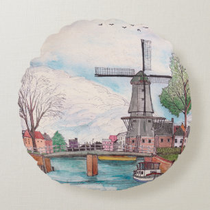Windmill De Adriaan Haarlem Netherlands Watercolor Round Cushion