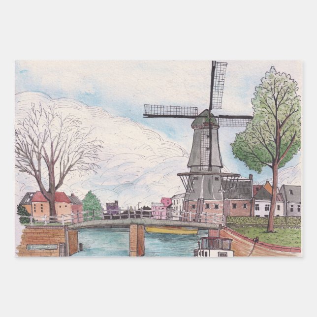 Windmill De Adriaan Haarlem Netherlands Watercolor Wrapping Paper Sheet (Front)