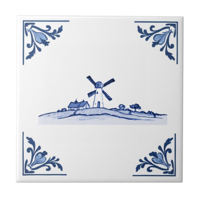 Windmill Delft Blue White Corners Netherlands Tile (Front)