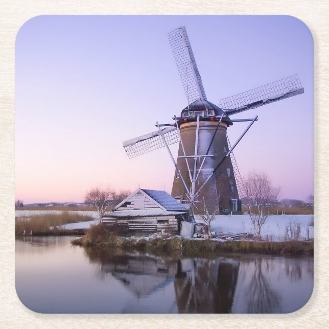 Windmill during sunrise in Holland, winter coaster (Front)