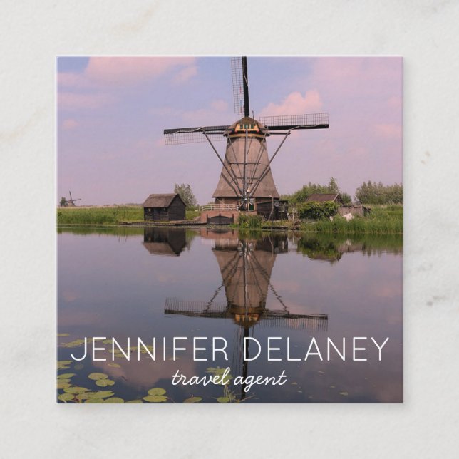 Windmill Holland Dutch Europe Photo Travel Tourism Square Business Card (Front)