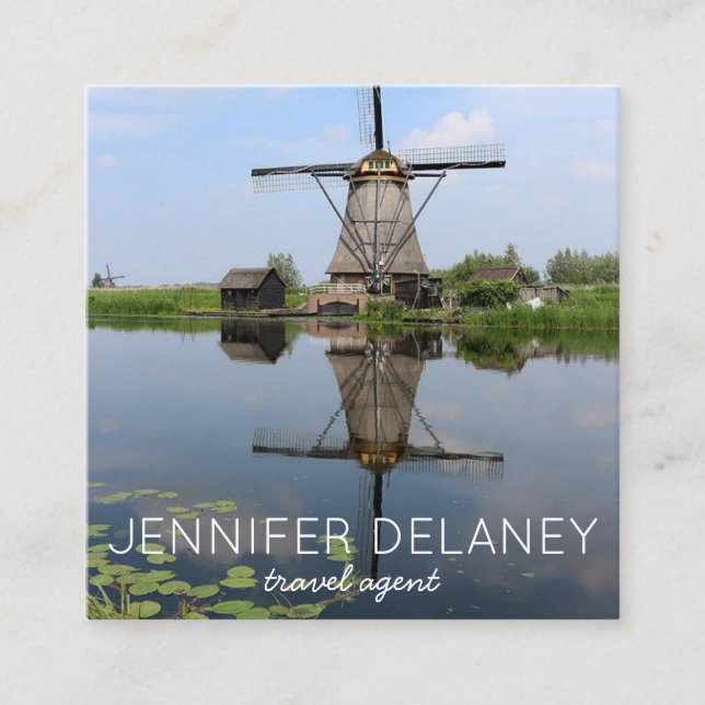 Windmill Holland Dutch Europe Photo Travel Tourism Square Business Card (Front)