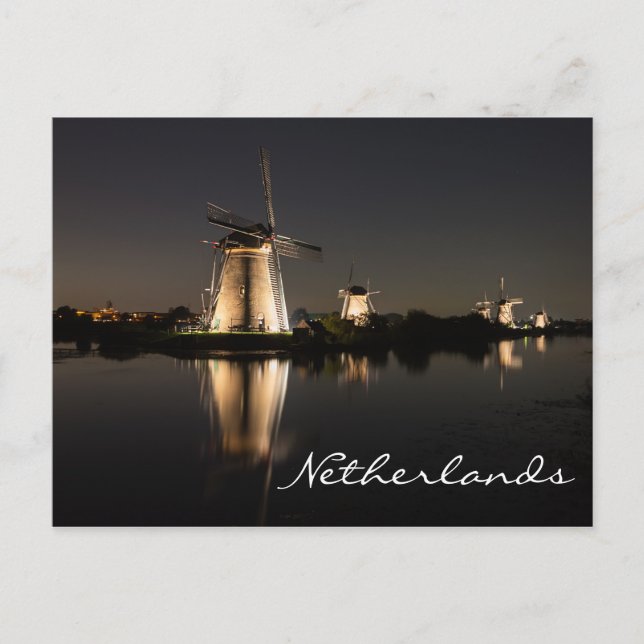 Windmill illuminated at night Netherlands postcard (Front)