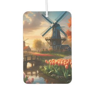 Windmill in Dutch Countryside by River with Tulips Car Air Freshener