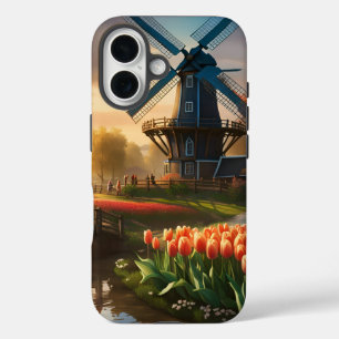 Windmill in Dutch Countryside by River with Tulips iPhone 16 Case