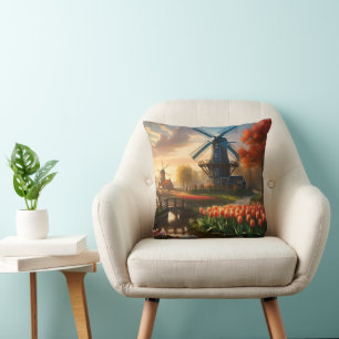 Windmill in Dutch Countryside by River with Tulips Cushion