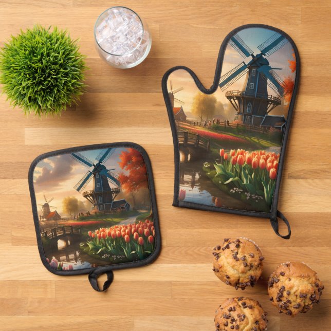 Windmill in Dutch Countryside by River with Tulips Oven Mitt & Pot Holder Set (Top Down)