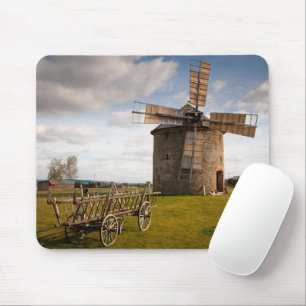 Windmill in Green Field & White Clouds & Blue Sky Mouse Mat