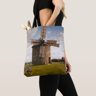 Windmill in Green Field & White Clouds & Blue Sky Tote Bag