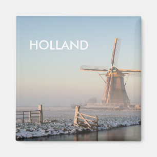 Windmill in Holland at sunrise square text magnet