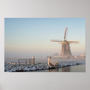 Windmill in the snow at sunrise poster print