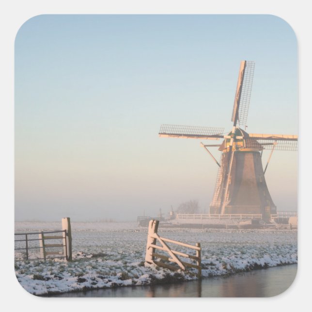 Windmill in the snow at sunrise square sticker (Front)
