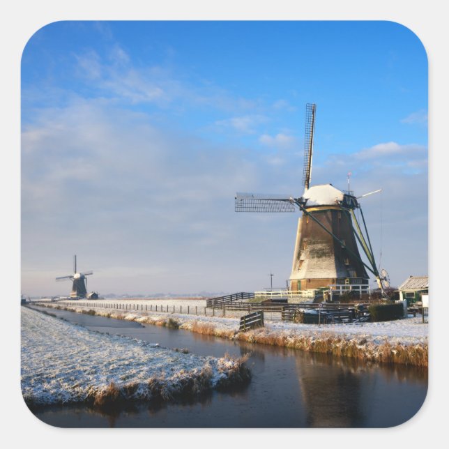 Windmill in the snow in a dutch winter landscape square sticker (Front)