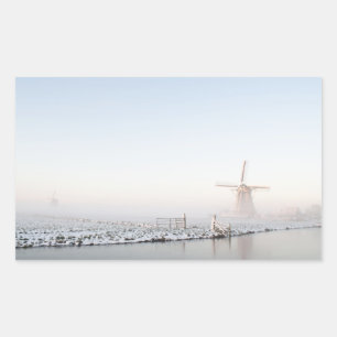Windmill in the snow in winter rectangle sticker