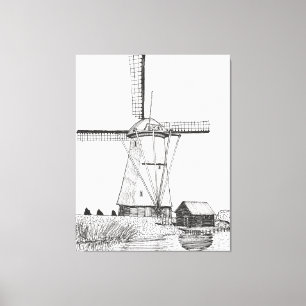 Windmill Netherlands Pen and Ink Illustration Canvas Print