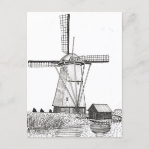 Windmill Netherlands Pen and Ink Illustration Postcard