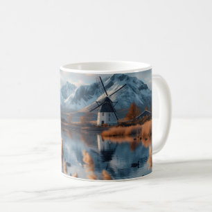 Windmill on a lake with mountains landscape coffee mug