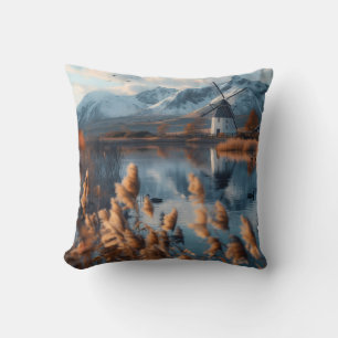 Windmill on a lake with mountains landscape cushion