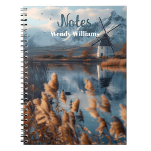 Windmill on a lake with mountains landscape notebook