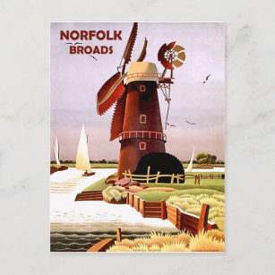 Windmill on Norfolk Broads coast, vintage travel Postcard