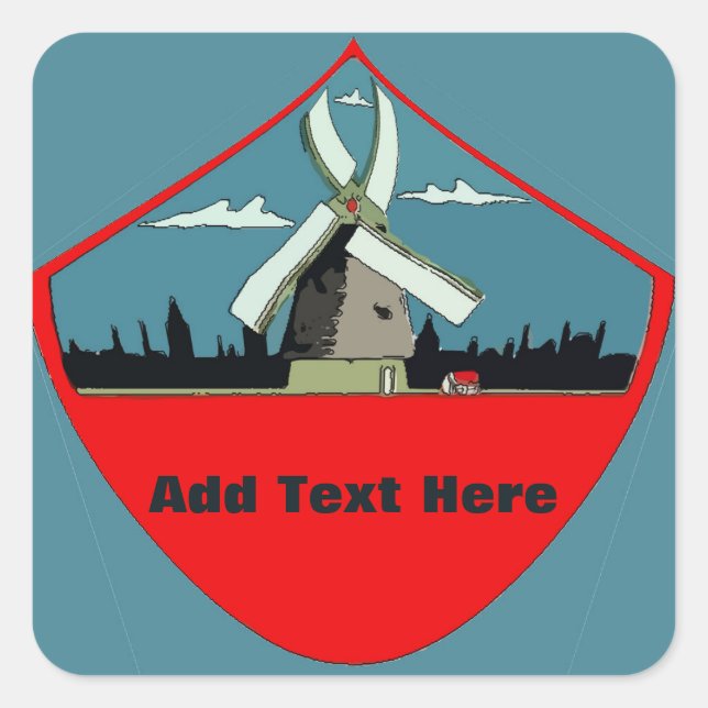 Windmill Red Round Add Text Square Sticker (Front)