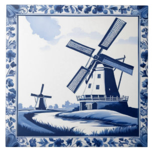 Windmill Traditional Dutch Delft Blue and White Tile